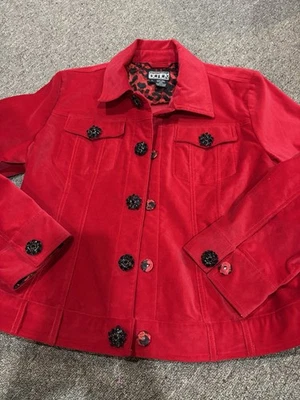 Berer Berek Sz S Red Jacket Blazer RHINESTONE Buttons SNAP Closure Faux Suede - Image 1 of 4