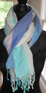NWOT Talbots Scarf Silk  Blend Blue Striped Retro Lightweight Wrap Shawl Beach - Picture 1 of 7