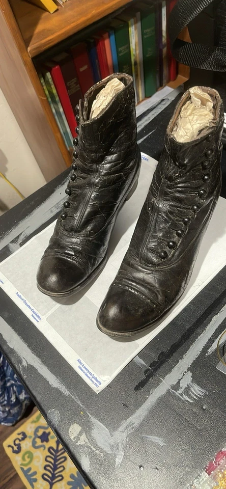 Antique Edwardian Utilitarian Work Boots Black Leather Button Up - Image 1 of 1