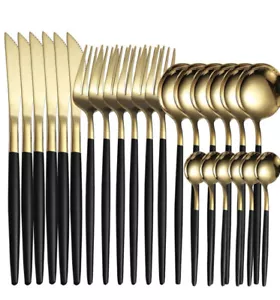24pcs Modern Cutlery Black and Gold Stainless Steel Spoon Knife Fork Set - Picture 1 of 5