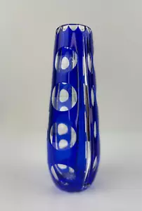 VINTAGE Bohemian Czech Colbolt Blue Cut / Clear Crystal Glass Circle Dot Vase - Bild 1 von 8