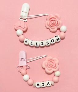 Personalised Baby Dummy Soother Pacifier Wooden Clip Holder Strap Chain Gift - Picture 1 of 6