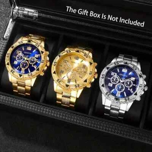 (3) Men's Quartz Watch sets with Stainless Steel Calendar and Round Dial Bundle - Picture 1 of 8