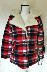 Steve Madden Womens Red Plaid Sherpa Trim Button-Up Hooded Jacket Size Small New - Picture 1 of 11