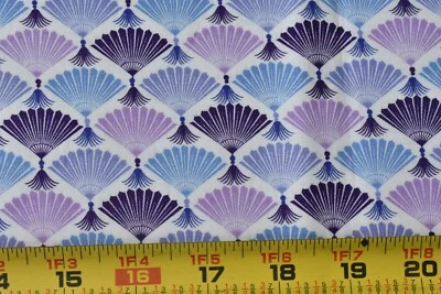 18" Long, Purple Lavender Blue Oriental Fans on White Quilt Cotton, Moda, N4916 - Image 1 of 4