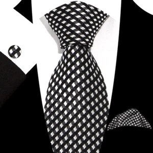 Classic Polka Dot White Black Jacquard Silk Men's Tie Necktie Hanky Cufflink Set - Picture 1 of 1
