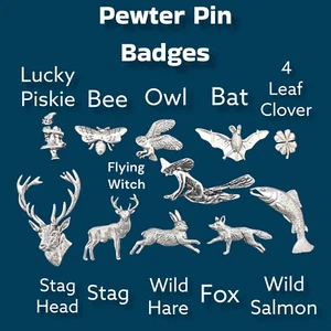 Cornish Zinn Anstecknadel Broschen Piskie, Hirsch, Eule, Hase, Biene, Lachs, Fledermaus, Klee - Bild 1 von 3