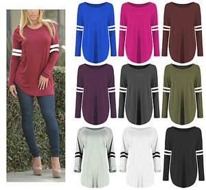 Womens Oversized Baseball Stripe Curved Hem Dress Long Sleeve Sporty T Shirt Top - Picture 1 of 45