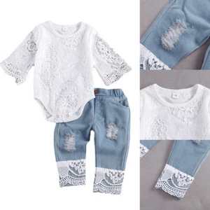 Kids Baby Clothes Set Short Sleeve Bodysuit Denim Pants Headband Infant Outfits - Picture 1 of 6
