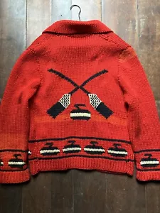 40a 50s Wool Hand Knit Curling Cardigan Sweater ~L Shawl Collar Loop Mary Maxim - Picture 1 of 20