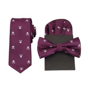 Men Skull Print Necktie Pre-tied Tuxedo Bow Tie Pre-folded Pocket Square Set 