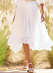Boston Proper White Pleated Eyelet Hem Midi Skirt A Line Lace Trim Beachy Boho L - Picture 1 of 9