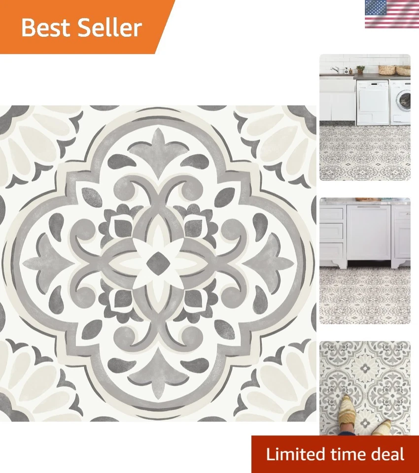 Elegant Gray & Cream Farmhouse Peel and Stick Vinyl Floor Tiles, 12-Inch Squares - Image 1 of 4