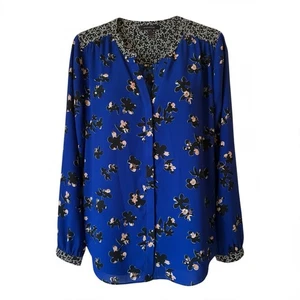 NYDJ Pintuck Blouse Split Neck Floral Contrast Trim Cobalt Blue Black Medium - Picture 1 of 7