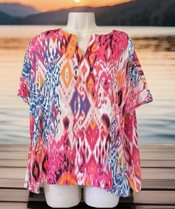 Chico's Ikat Print Split Neck Easy Flow Dolman Sleeve Multi Color Top Sz 0 (4/6) - Picture 1 of 9