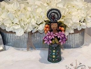 Frau mit Türkei Kopfschmuck, Ton Frau Figur, Frauenstatue, Mexikanische Volkskunst - Bild 1 von 10