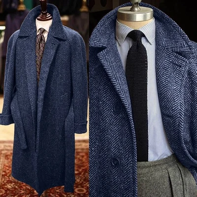 Men Overcoats with Belt Tweed Herringbone Long Coats Peak Lapel Suit Wool Blend - Image 1 of 4