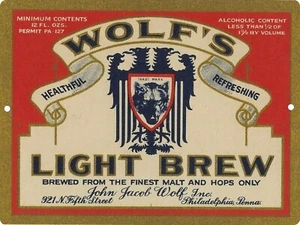 WOLFS LIGHT BREW Beer label Reproduction Metal Sign 9"x12" Philadelphia PA - Picture 1 of 3