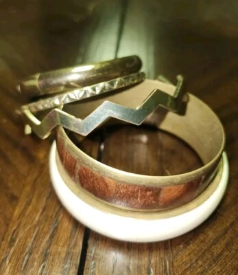 Lot Of 5 Vtg Bangles Bracelets Gold Tone, Brass, Wood, Plastic SEE PHOTOS - Image 1 of 4