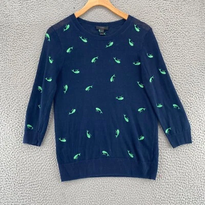 Suéter J Crew Mujer Pequeño Azul Marino Ballena Lino Bordado Manga 3/4 Pullover Foto 1 de 4