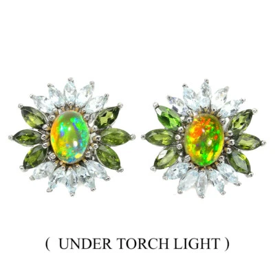 925 Sterling Silber Ohrringe Oval Feuer Opal Aquamarin Natur Edelstein Schmuck - Bild 1 von 4