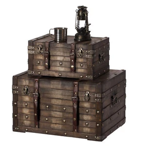 Wooden Brown Storage Trunk with Faux Leather Straps and Handles - Picture 1 of 15