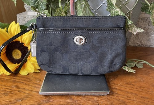 COACH BLACK SIGNATURE TURNLOCK CON FINITURE NERE PORTAFOGLIO DA POLSO BORSA BORSETTA BORSETTA