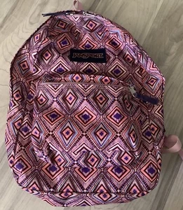JanSport Backpack two zipper pockets Pink Purple Geometric Excellent - Picture 1 of 4