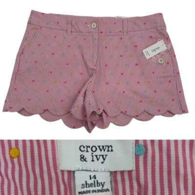 Crown & Ivy Light Pink Striped & Polka Dot Scalloped Hem Shelby Shorts NWT Sz 14 - Image 1 of 4