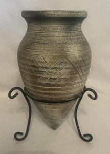 Rare Vintage Hand Crafted Clay Cone Shaped Vase With Metal Floor Stand - Picture 1 of 11