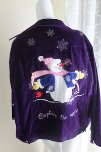 Quacker Factory Sz XL Purple Velveteen Snowman THE BEST Jacket Top Christmas - Picture 1 of 6