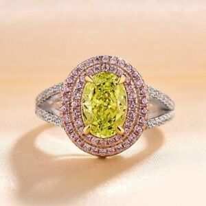 Simulated 5.5Ct Oval Yellow Citrine Engagement Silver Ring 14K White Gold Over