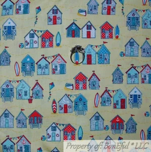 BonEful Fabric FQ Cotton Quilt Yellow Red White Blue American Beach Surf Board S - Picture 1 of 12