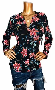 INC L Top Neu mit Etikett Stretch Blumen Ketten Prints niedriger V-Ausschnitt Langarm Bluse Shirt - Bild 1 von 9