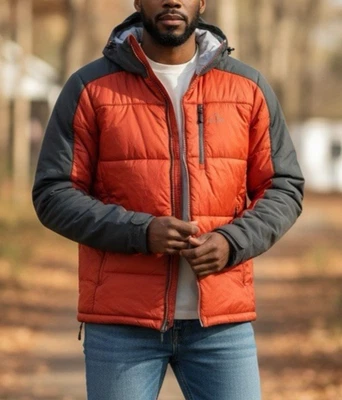 L.L. Bean Packaway Hooded Jacket Men’s Large Orange Gray Full Zip Nylon Puffer - Image 1 of 4