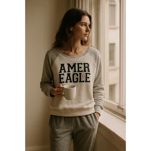 American Eagle Crew Neck Womens Sweatshirt Medium Gray Beige Raglan Pullover - Picture 1 of 7