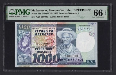 Madagascar 1000 Francs = 200 Ariary ND(1974) P65s "Specimen" UNC Grade 66 - Image 1 of 2