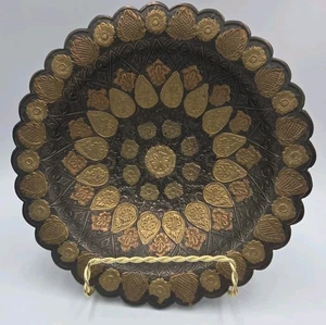 Vintage geätzte Bronze Messing Kupfer Intarsien Mandala Design Schale mit geriffeltem Rand  - Bild 1 von 3