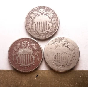 V16)   Lot of 3 Shield Nickels; 1866 with Rays, 1868, 1873. AG to VG Details. - Picture 1 of 2