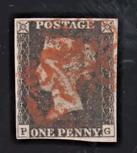 GB QV 1840 SG1 1d Penny Negro PG Placa 5 Rojo-Marrón Cruz de Malta MX 4 márgenes - Imagen 1 de 2