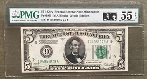 1928A $5 FRN  MINNEAPOLIS [] Baby Face Nelson Cash Hoard [] PMG 55 EPQ - Picture 1 of 3