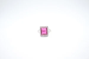 14K White Gold Emerald Cut Lab Created Ruby Art Deco Filigree Ring - Picture 1 of 10