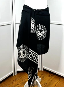Alegre Sarong Coverup Black White Rectangle Pool Wrap Fringe Geometric Print - Picture 1 of 7