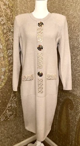 Toula Santana Beige Long Sleeve KnitVintage Dress Gold Accents Women's Sz 10 - Picture 1 of 14
