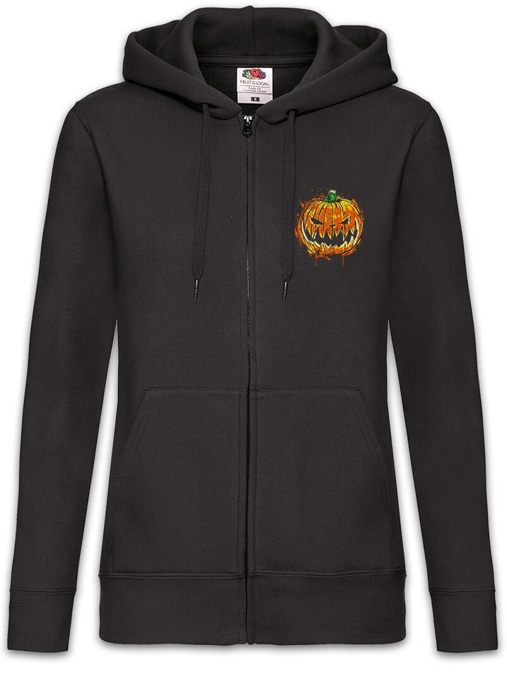 Pumpkin Head Damen Zipper Hoodie Halloween Face Witch Black Magic Kürbis Gesicht - Bild 1 von 1