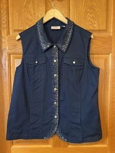 CA31 Quacker Factory Blue Rhinestone Button Sleeveless Vest Womens Large - Picture 1 of 3