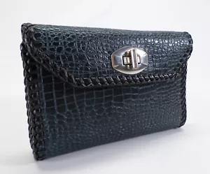 Alligator Print Leather Wallet Kisslock Croc Mexican Stitched Envelope Blue Vtg - Picture 1 of 8