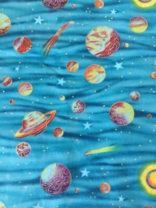 SHOOTING STARS OUTER SPACE PLANETS SATURN GOLD METALLIC COTTON FABRIC OOP FQ - Picture 1 of 4