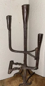 BRUTALIST FOLK ART TRIPLE CANDLE HOLDER MADE FROM IRON CATTLE BRANDS - Picture 1 of 20