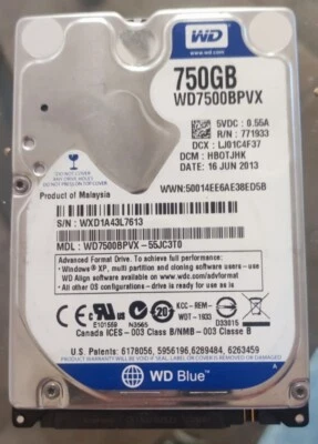 Disco Rigido WD 750GB WD7500BPVX 5400Rpm 8MB Cache Sata III 2,5" Pollici WD-Blue - Immagine 1 di 4